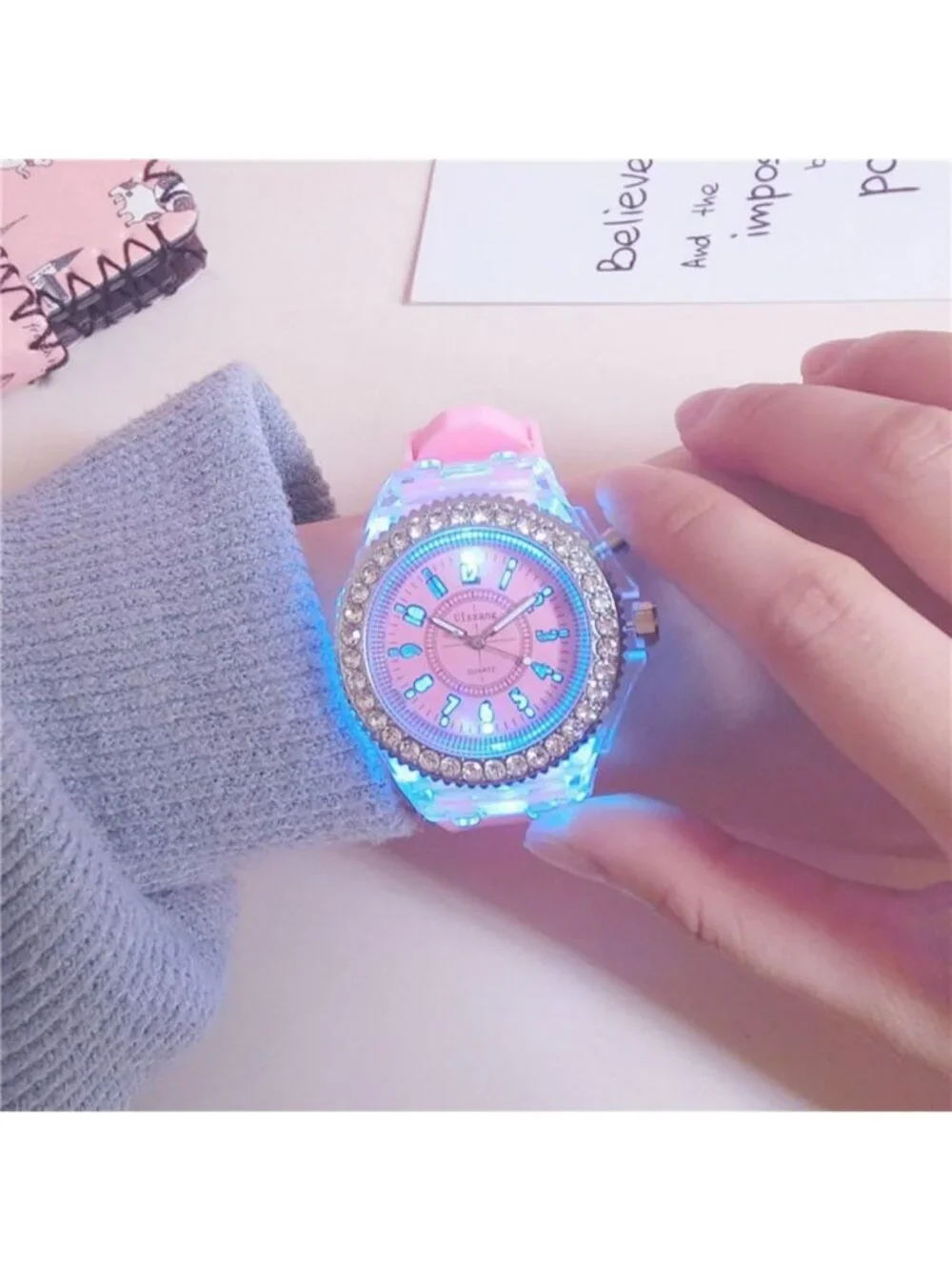 Women's Pink Analog Silicone Bling LED Luminous Lights Sport Square Wrist Watch